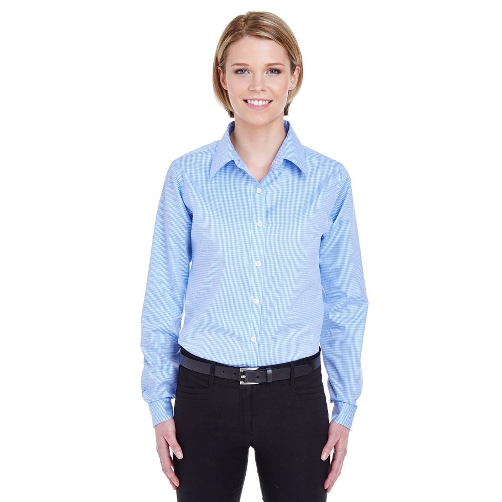 NWT ULTRACLUB WOMEN'S YARN-DYED MICRO-CHECK WOVEN BUTTON DOWN SHIRT LIGHT BLUE